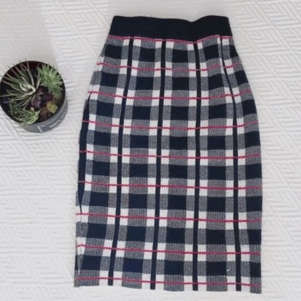 Navy + White Knit Plaid Pencil Skirt- High waist- Small- NWOT